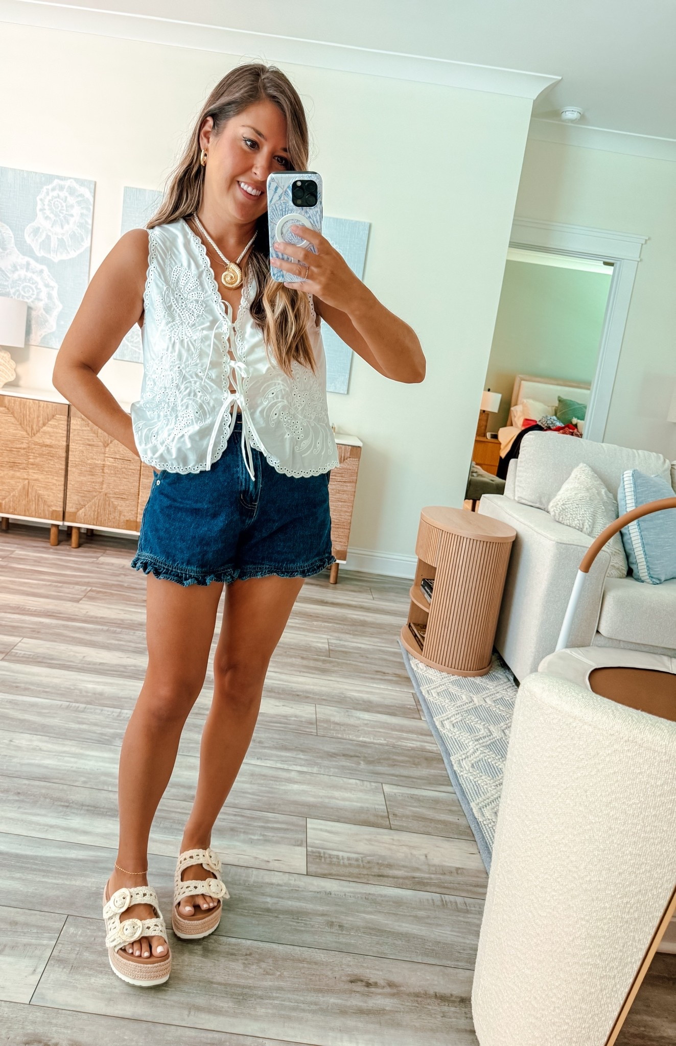 Summer outfit, eyelet lace top, denim shorts, look for less 

Wearing medium in top and size 8 in shorts

#LTKootd