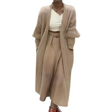 CILENON Long Cardigans for Women Trendy Women s Solid Color Long Sleeved Loose Pocket Casual Mid Length Cardigan (Beige XXL) | Walmart (US)
