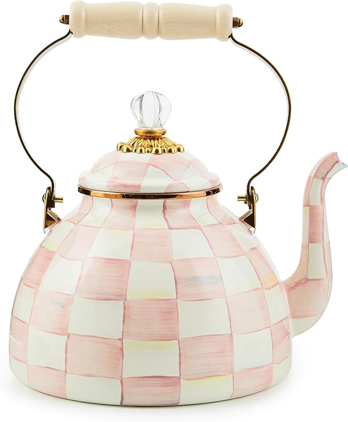 MACKENZIE-CHILDS Enamel Tea Kettle, Stylish Tea Kettle for Stovetop, Pink-and-White Rosy Check, 3... | Amazon (US)