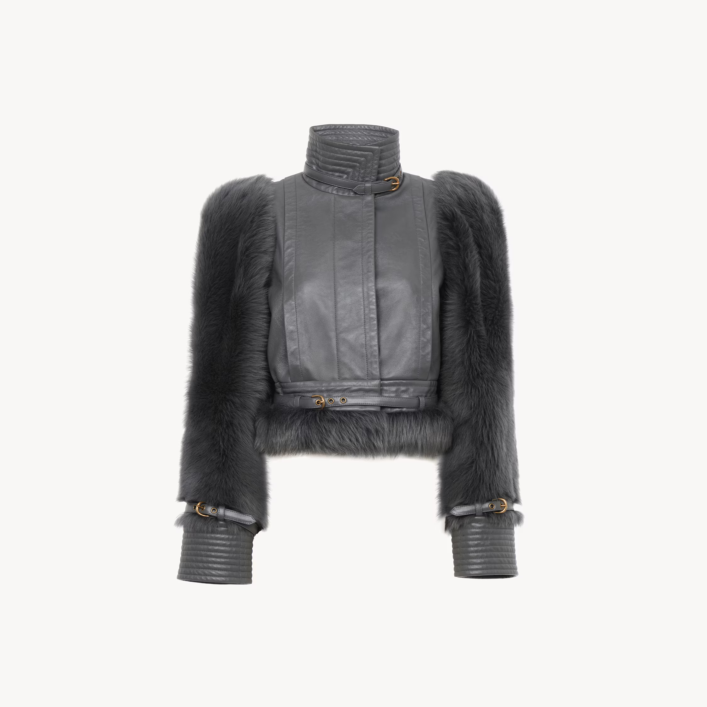 Chloé - High-neck hybrid jacket in leather - Burnt Grey - 34 - Domestic Lamb | Chloe US
