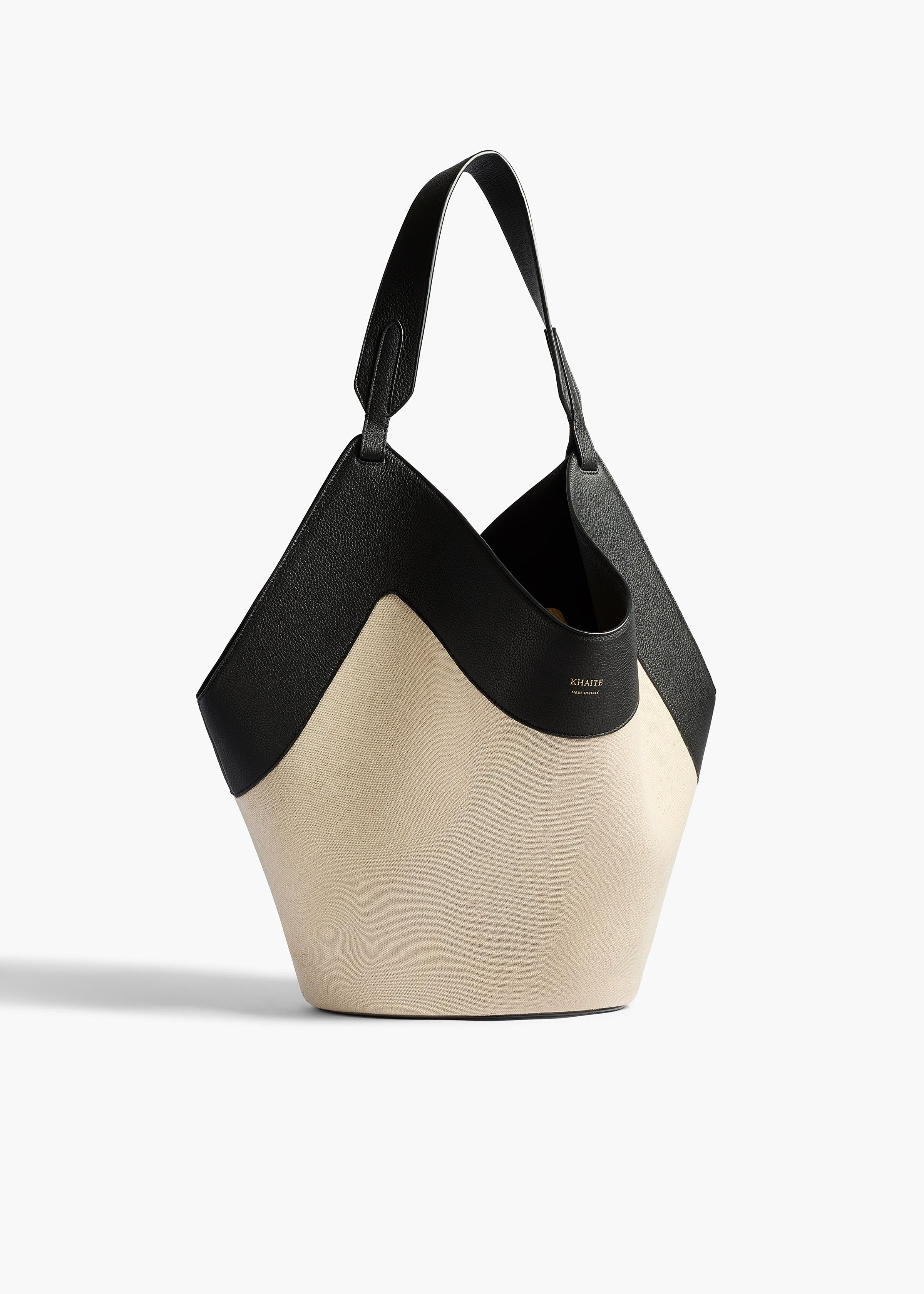 KHAITE - Medium Lotus Tote In Black Leather And Natural Canvas | Khaite
