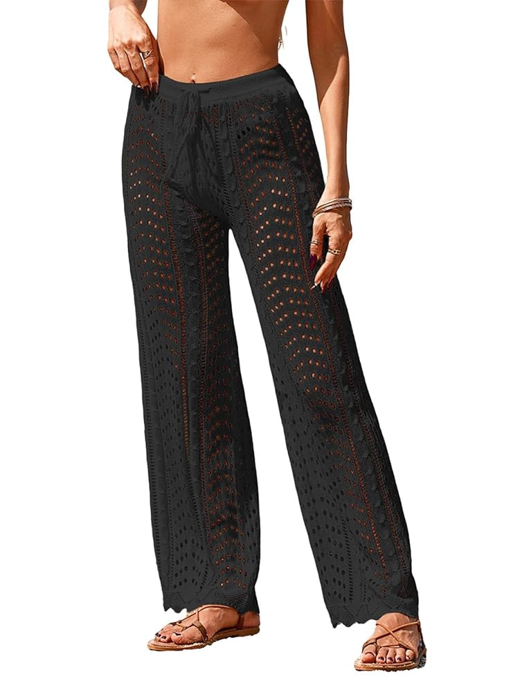 Womens Crochet Knit Elastic Waist Tie Beach Coverup Pant Summer 2025 Trendy Outfits Bathing Suit ... | Amazon (US)