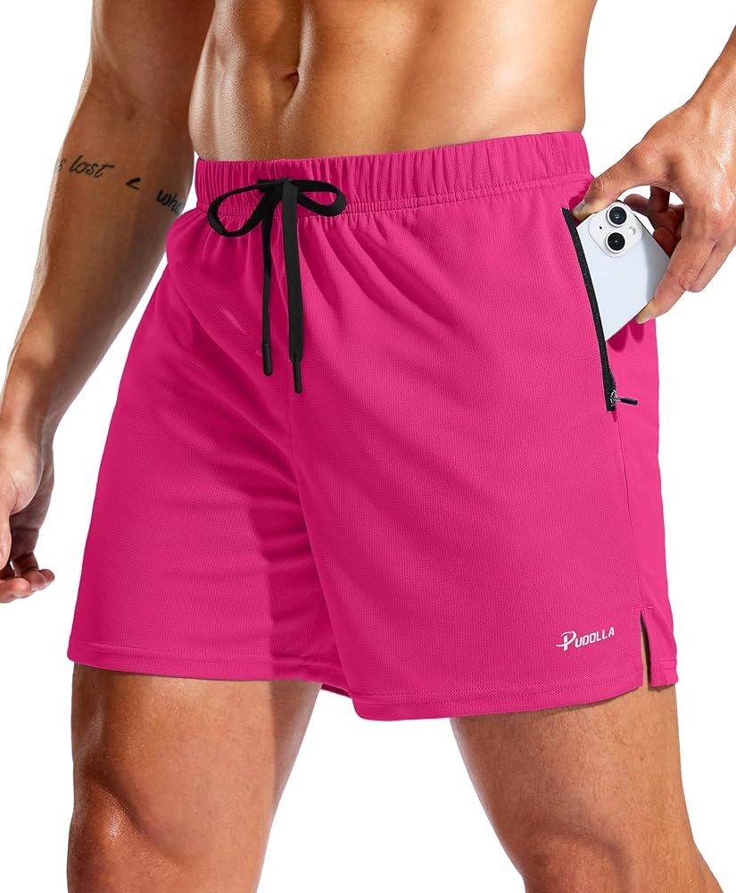 Pudolla Men's Workout Running Shorts with Zipper Pockets 5" Lightweight Quick Dry Athletic Gym Me... | Amazon (US)