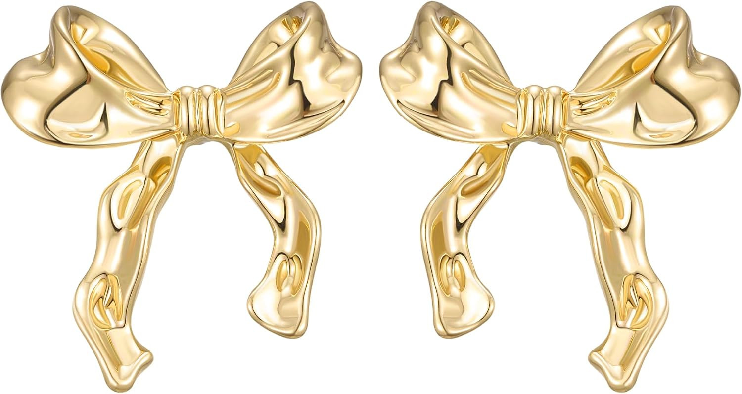 SWEETV Gold Bow Earrings for Women, 925 Sterling Silver Post Ribbon Knot Stud Earrings Drops, Daily Jewelry Accessory Valentines Day Gifts | Amazon (US)