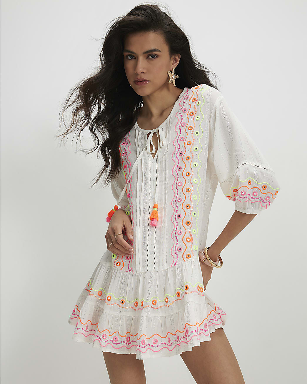 White Embroidered Mini Dress | River Island UK & IE
