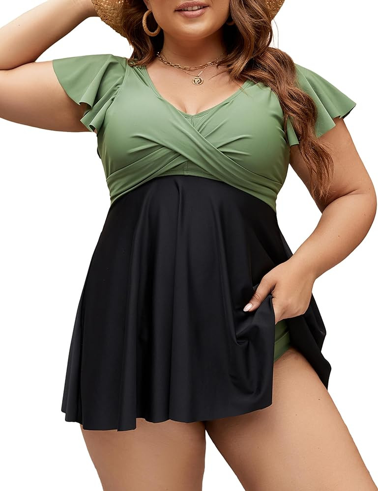 Edelqual Women's Plus Size Tankini Swimsuits Swim Dress Tummy Control Bathing Suits Two Piece Hig... | Amazon (US)