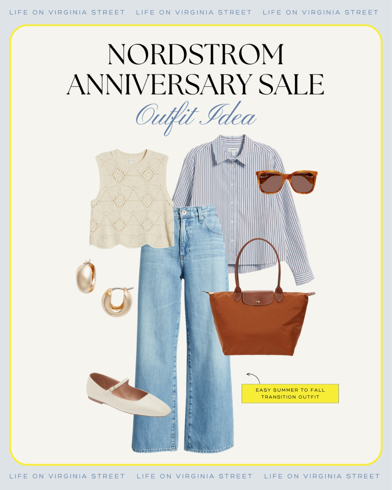 Loving these easy summer to fall transition outfit from the Nordstrom Anniversary Sale! Includes a striped button-up top, wide leg jeans, the cutest crochet style vest, ballet flat shoes, tortoise shell sunglasses, gold hoop earrings and a brown tote bag!
.
#ltkxsnale #ltksummersales #ltkover40 #ltkworkwear #ltkfindsunder50 #ltkfindsunder100 #ltkstyletip #ltkmidsize #ltkshoecrush #ltkitbag #ltksalealert #ltkseasonal work outfit ideas, office outfits, NSale outfit ideas, teacher outfit ideas