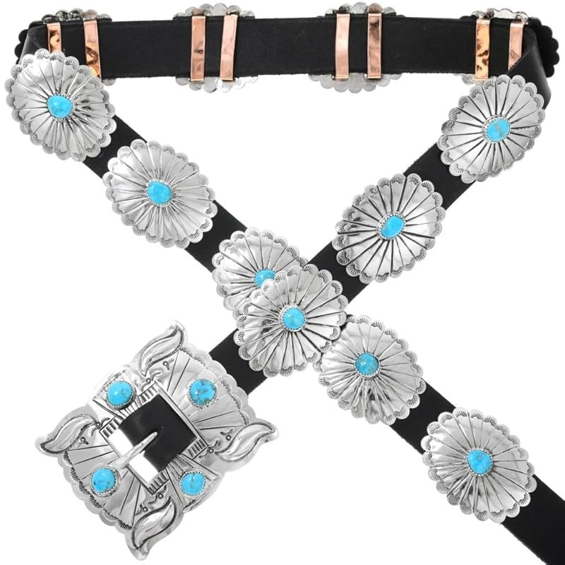 Navajo Turquoise Silver Concho Belt Hammered Feather Patterns on Genuine Leather 3905 | Amazon (US)