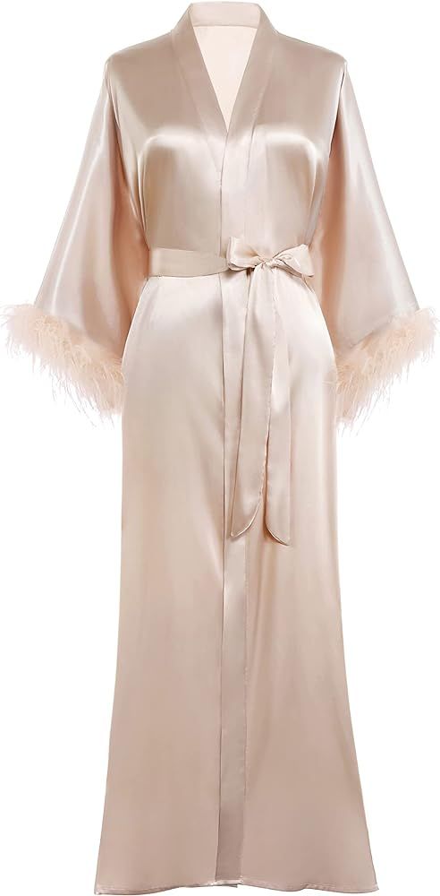 PRODESIGN Satin Kimono Robe Long Bath Robe with Ostrich Feather Trim Sleepwear Wedding Bridesmaid... | Amazon (US)