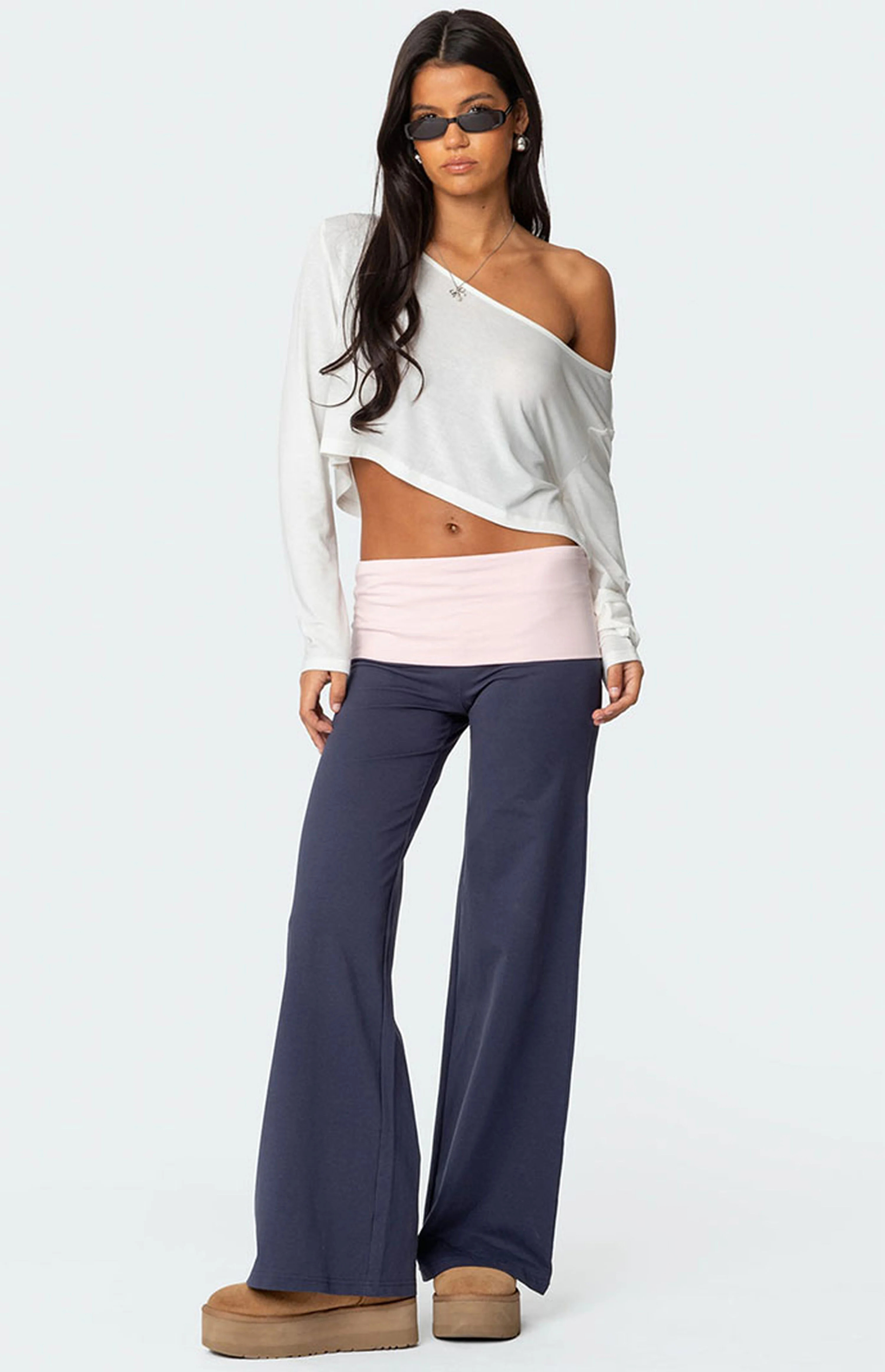 Edikted Wide Leg Contrast Fold Over Pants | PacSun