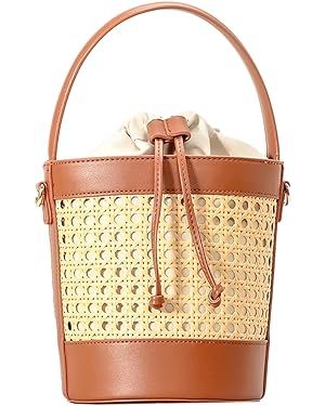 Rattan Bag for Women Straw Tote Bucket Bag PU Leather Summer Beach Bag Holiday Purses | Amazon (US)