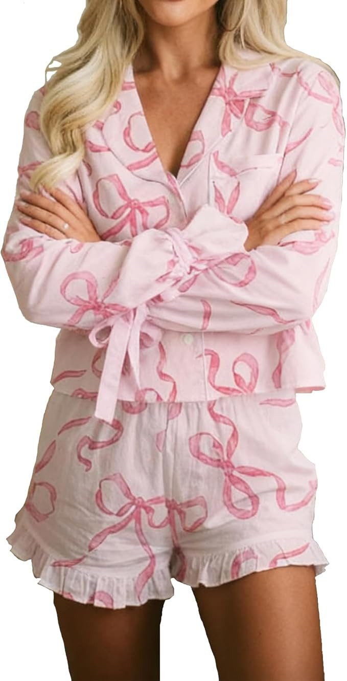 Women Valentine's Day Pajamas Bow Satin Pajama Sets Button Down Shirts Ruffle Shorts 2 Piece Pj S... | Amazon (US)