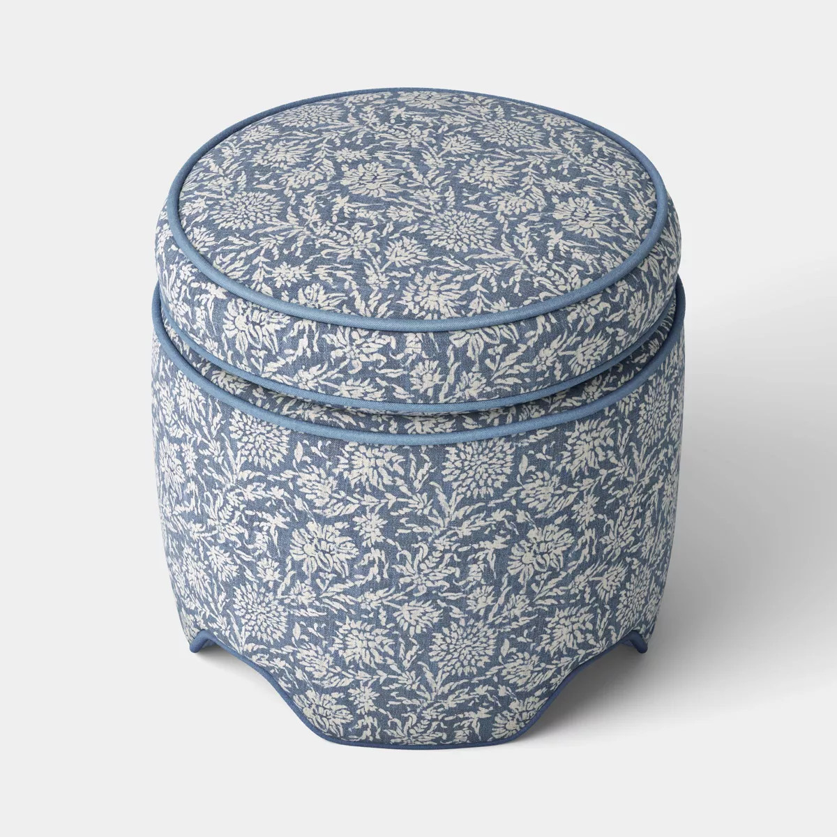 Upholstered Storage Ottoman with Piping Printed Blue Fabric | Target