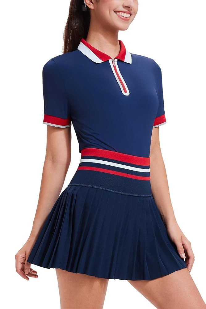 Tennis Skirt Sets for Women Zipper Color Block High Waisted Golf Polo Two Piece Skirt Set Women 2... | Amazon (US)