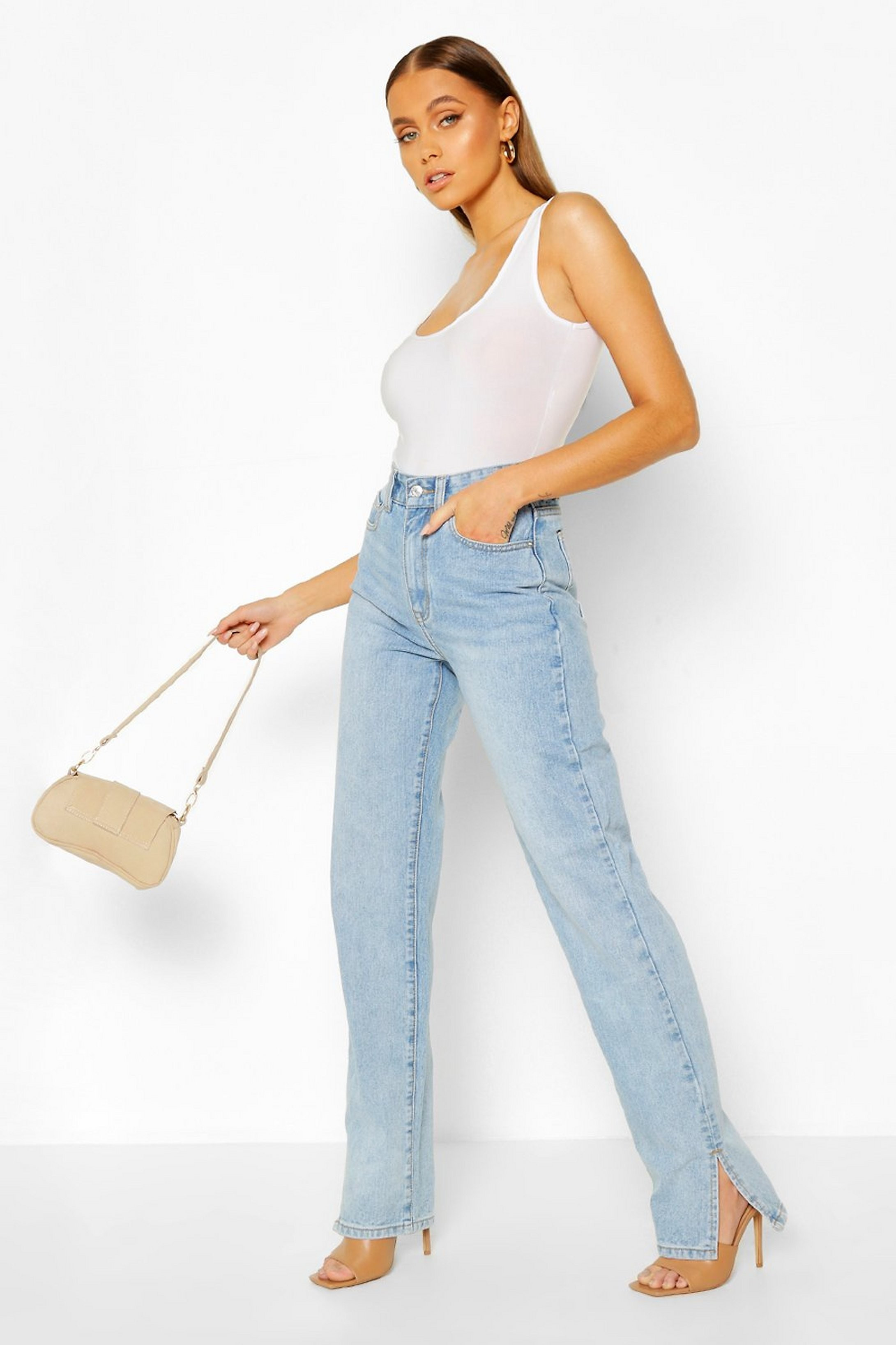 High Rise Split Hem Straight Leg Jeans | Boohoo.com (US & CA)
