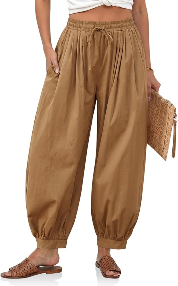 Cicy Bell Womens Baggy Pleated Harem Pants Summer Elastic High Waisted Wide Leg Balloon Cotton Lo... | Amazon (US)