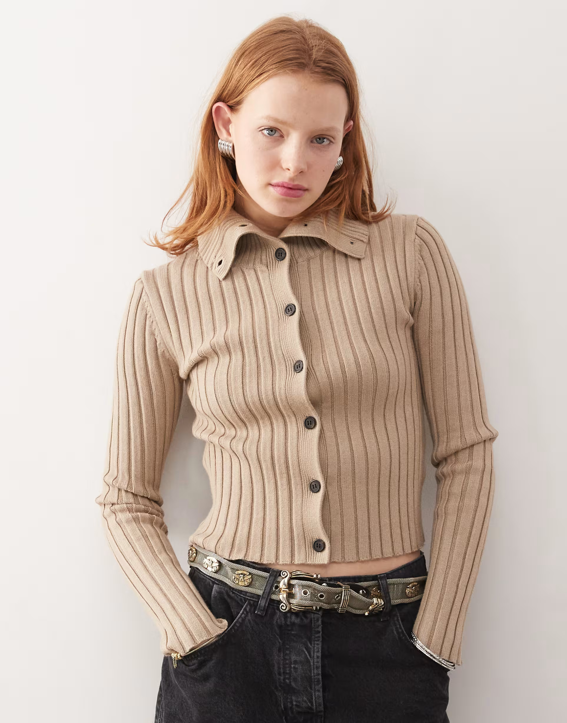 Weekday Jackie chunky rib cardigan with high neck in beige | ASOS (Global)