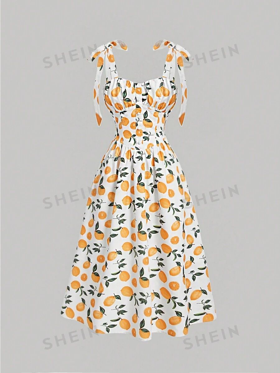 SHEIN MOD Fruit Print Tie Shoulder Sleeveless Dress For Women | SHEIN