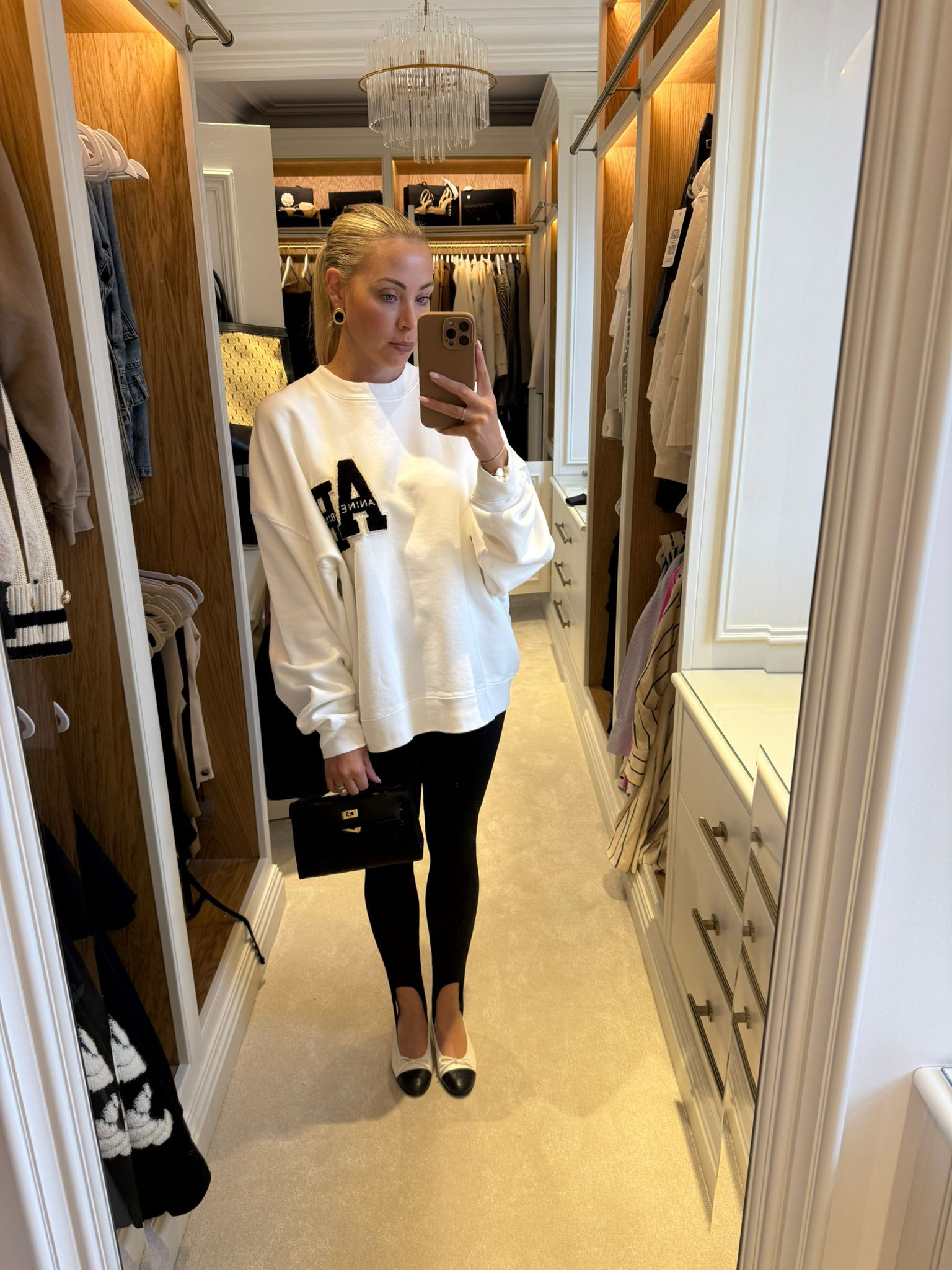 Anine Bing crew neck jumper, stirrup leggings, beige and black ballet flats 🖤 

 #LTKuk #LTKsummer #LTKeurope