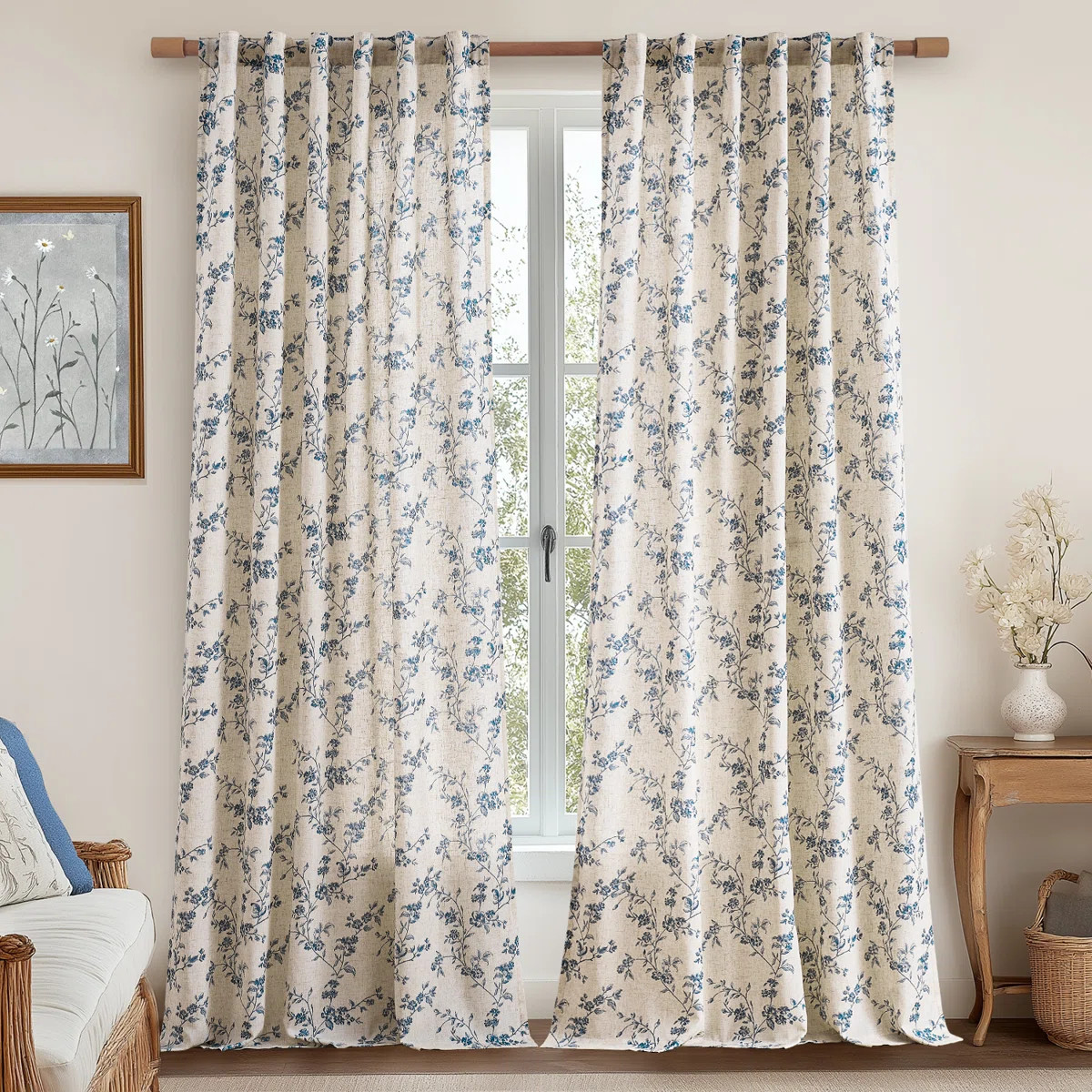 Semi Sheer Linen Blend French Floral Printed Rod Pocket Curtain Pair (Set of 2) | Wayfair North America