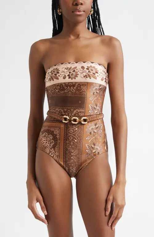 Zimmermann Lucky Belted One-Piece Bandeau Swimsuit in Chocolate Bandana at Nordstrom, Size 0 | Nordstrom