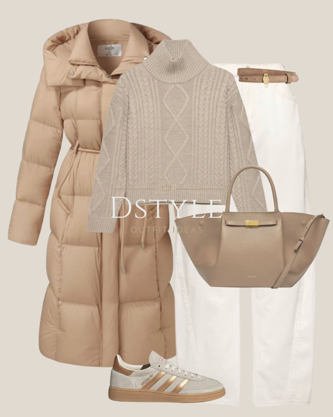 Monochrome Moment: Head-to-Toe Neutrals. 🤍 This is the definition of chic winter styling! Pairing a luxurious long beige puffer coat with a cozy cable knit turtleneck sweater and white denim. The structured taupe bag and metallic Adidas Spezials elevate this entire casual luxury look. Shop this exact winter white outfit and embrace the quiet luxury aesthetic! 

 #MonochromeOutfit #QuietLuxury #BeigeAesthetic #CableKnit #LongPuffer #WinterWhite #ChicStyle #LTKootd #LTKSeasonal #LTKTravel