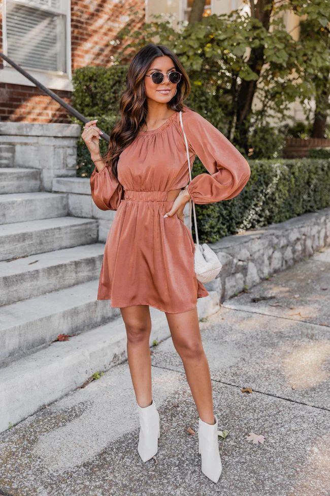 When You See Me Rust Satin Cut Out Mini Dress FINAL SALE | The Pink Lily Boutique