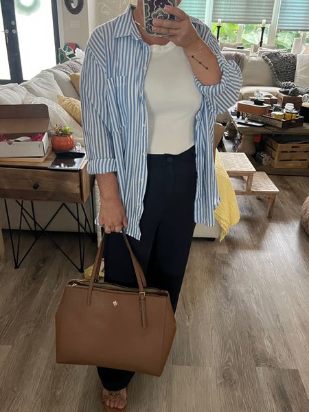 Casual Chic outfit idea - Navy blue trousers with white top, white and blue striped shit, cord sandals. 
Brown tote Tory Burch 

#LTKmidsize #LTKsalealert #LTKover40