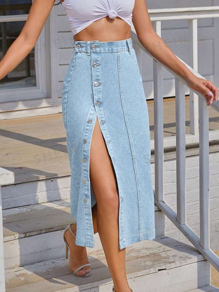 Button Front Denim Skirt | SHEIN