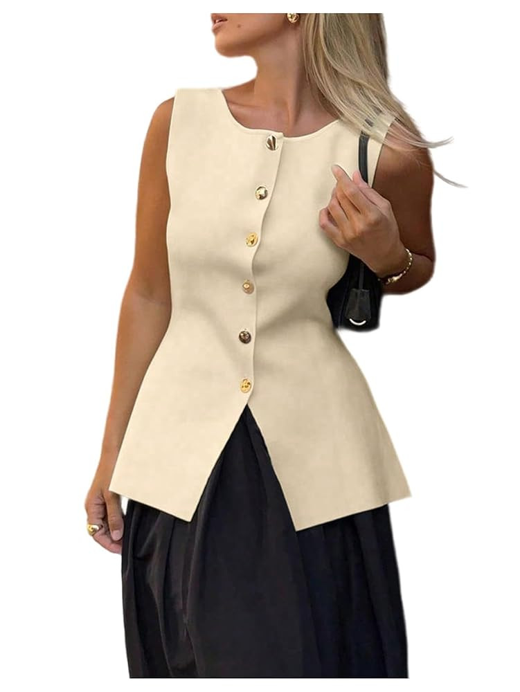 Verdusa Women's Button Down Split Sweater Vests Old Money Crew Neck Sleeveless Knit Tops | Amazon (US)