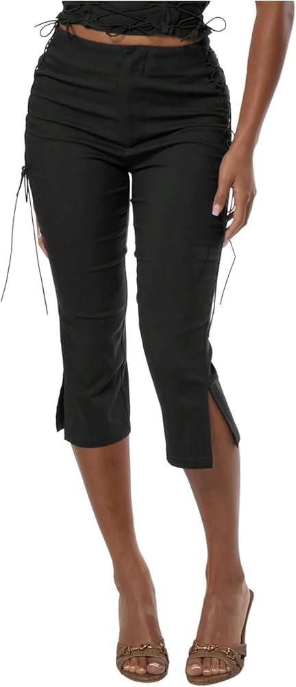 MakeMeChic Women's Going Out Capri Pants Sexy Y2K Lace Up Capri Pants High Waisted Skinny Stretch... | Amazon (US)