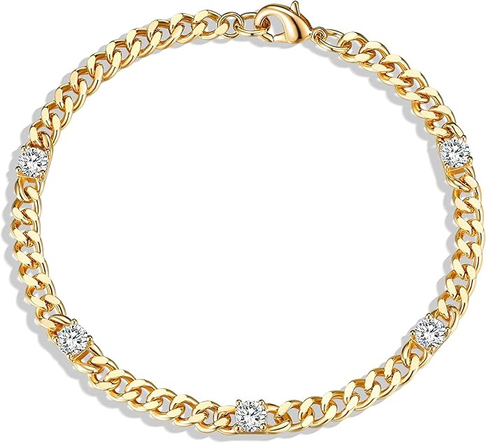 Evabelle Cuban Chain 5pcs Cubic Zirconia Gold Bracelets for Women 14K Real Gold Plated Sparkle Si... | Amazon (US)
