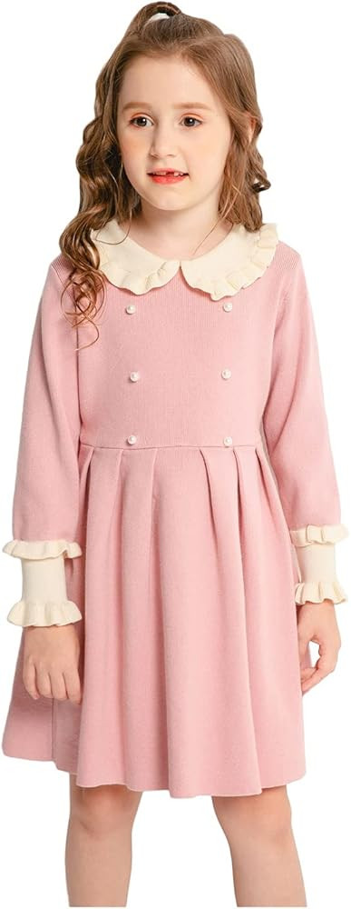 SMILING PINKER Girls Dresses Ruffle Peter Pan Collar Sweater Long Sleeve Knit Pleated Dress | Amazon (US)