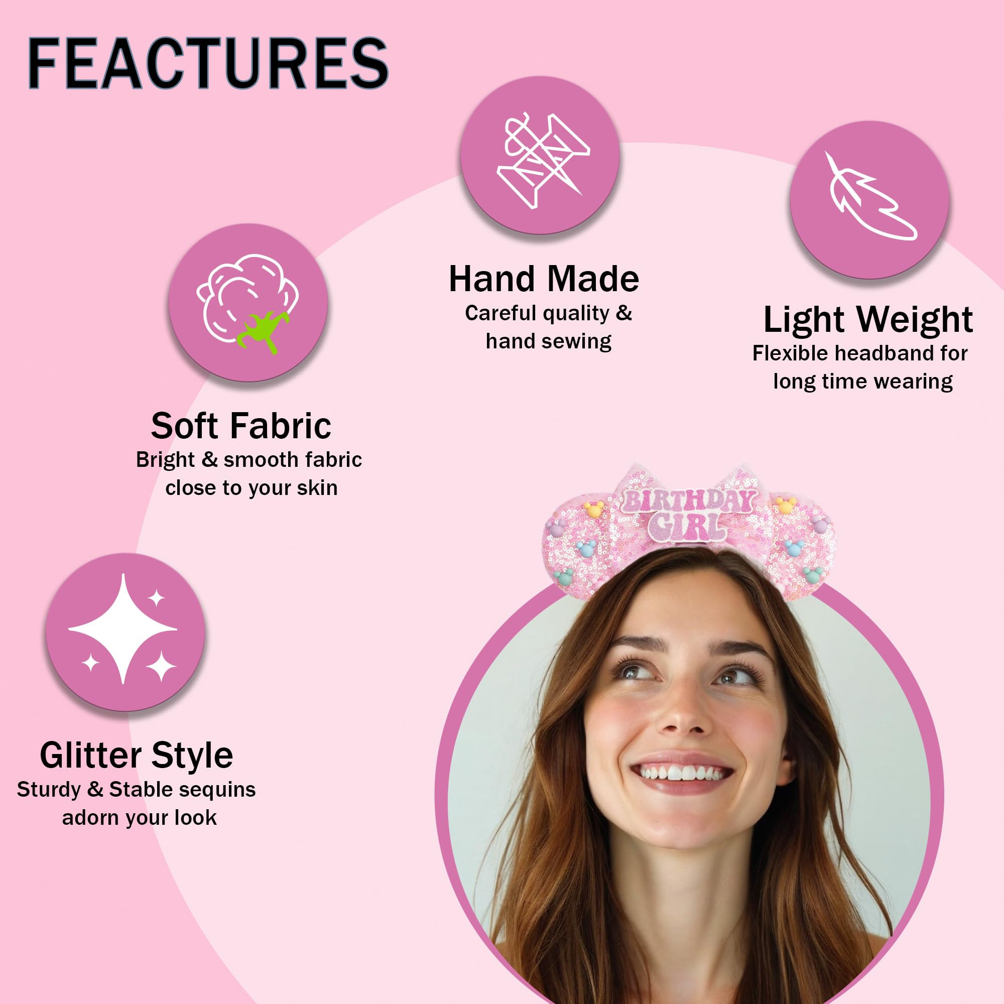 Mouse Ears for Women Birthday Girl Headband Sequin Ears Hair Accessories for Birthday Decorations... | Amazon (US)