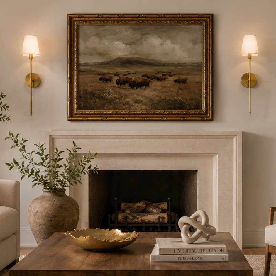 This is exactly how I like neutral decor: warm, layered and definitely not boring. 🤎 The brass sconces instantly make the fireplace feel more custom, while the oversized vintage-style buffalo artwork adds so much character. Finished with the textured gold bowl and marble knot sculpture on the coffee table for that collected, designer look without having to actually hire a designer. 😂 Linking all four!

brass wall sconces, gold wall sconces, wall sconces, rechargeable wall sconces, wireless wall sconces, battery operated sconces, living room sconces, fireplace sconces, fireplace lighting, fireplace decor, fireplace styling, mantel decor, vintage wall art, vintage buffalo art, buffalo wall art, bison wall art, western wall art, landscape wall art, framed vintage art, oversized wall art, large wall art, living room wall art, statement wall art, gold framed art, vintage inspired decor, gold decorative bowl, gold bowl, decorative bowl, coffee table bowl, textured gold bowl, brass decor, gold home accents, marble knot sculpture, marble knot decor, decorative knot, coffee table sculpture, marble decor, coffee table decor, coffee table styling, living room decor, neutral living room, warm neutral decor, transitional home decor, traditional home decor, organic modern decor, elevated home decor, expensive looking home decor, designer look for less, Amazon home finds, Amazon home decor

#LTKHome #LTKSeasonal #LTKSaleAlert