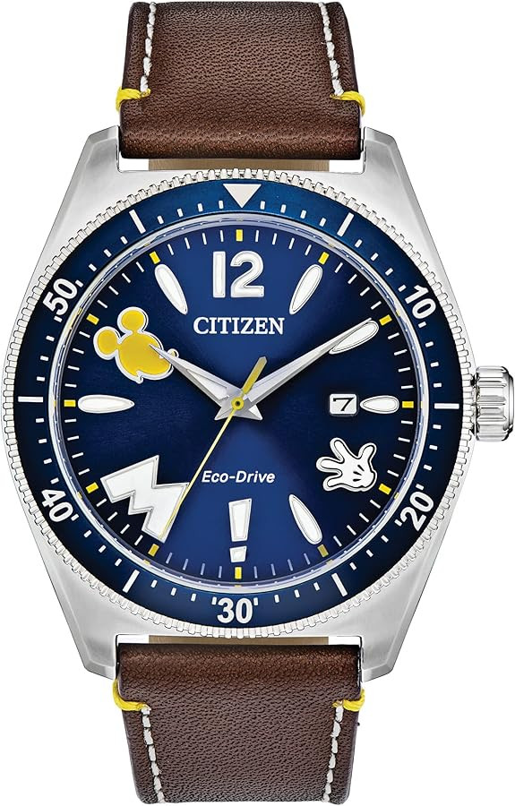 Citizen Eco-Drive Disney Quartz Men's Watch, Stainless Steel with Leather strap, Mickey Mouse, Br... | Amazon (US)
