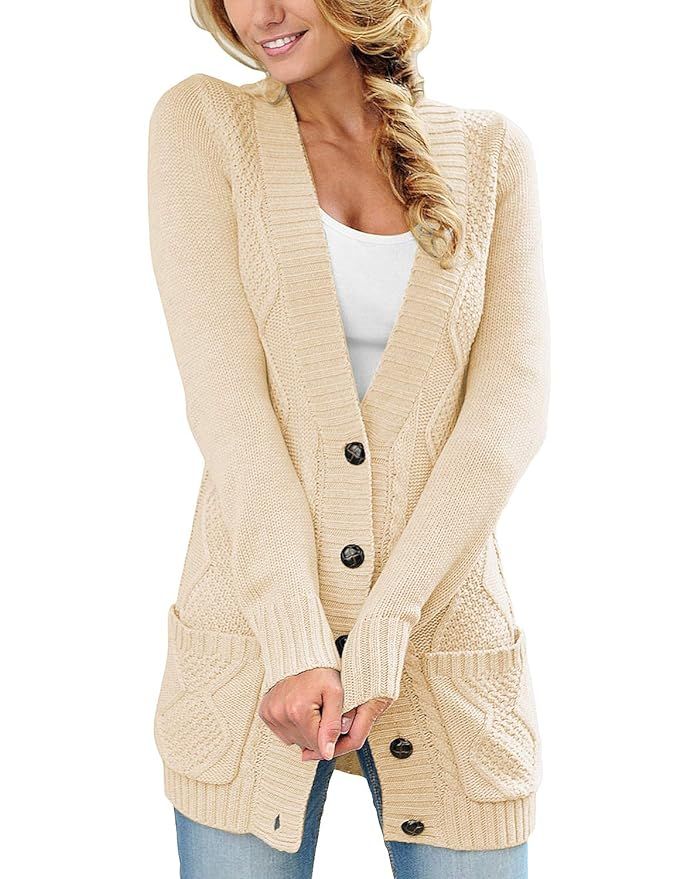 luvamia Womens Long Sleeve Open Front Buttons Cable Knit Pocket Sweater Cardigan | Amazon (US)