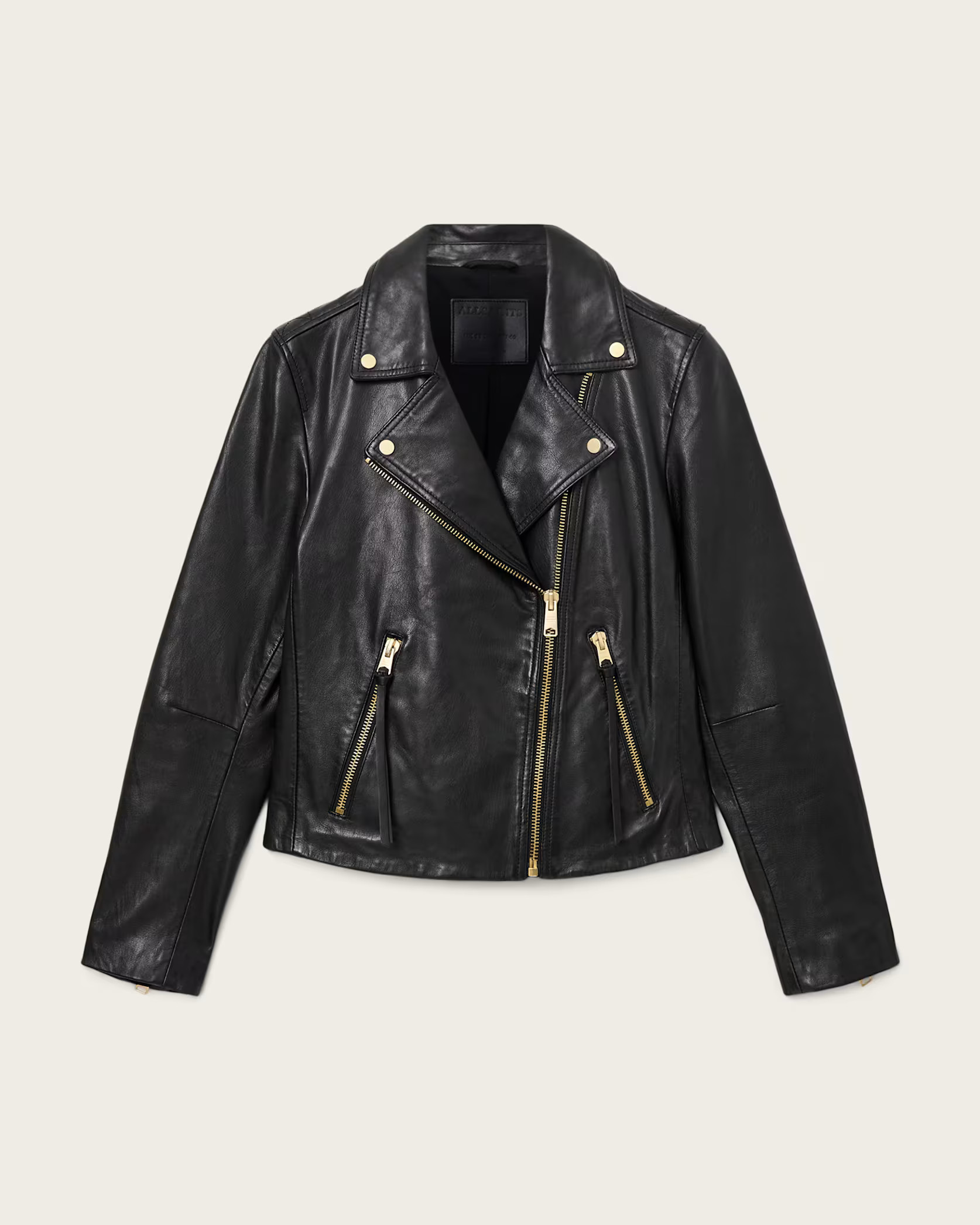 Dalby Slim Fit Leather Biker Jacket BLACK/GOLD | ALLSAINTS US | AllSaints US