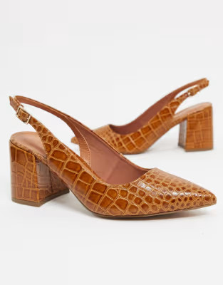 ASOS DESIGN Sammy slingback mid heels in tan croc | ASOS (Global)