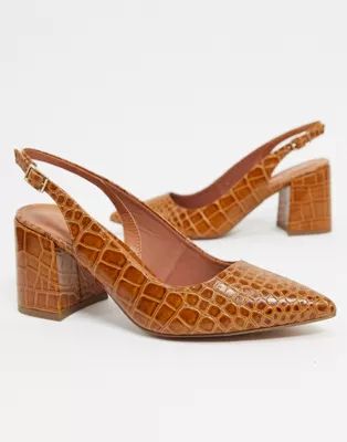 ASOS DESIGN Sammy slingback mid heels in tan croc | ASOS (Global)
