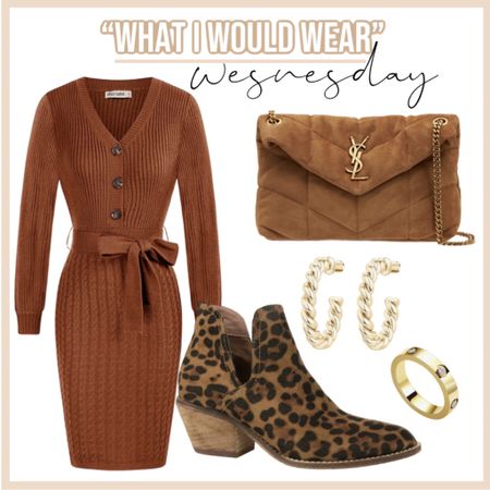 Knit dress - Walmart dress - thanksgiving dress - leopard booties - gold jewelry - gold rope earrings - gold statement ring 

#LTKshoecrush #LTKstyletip #LTKunder50