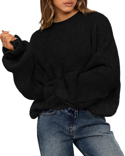 BTFBM Women's Oversized Sweater Crewneck 2025 Fall Winter Long Sleeve Fuzzy Warm Knit Pullover Sweaters Trendy Outfits(Black, Medium) | Amazon (US)