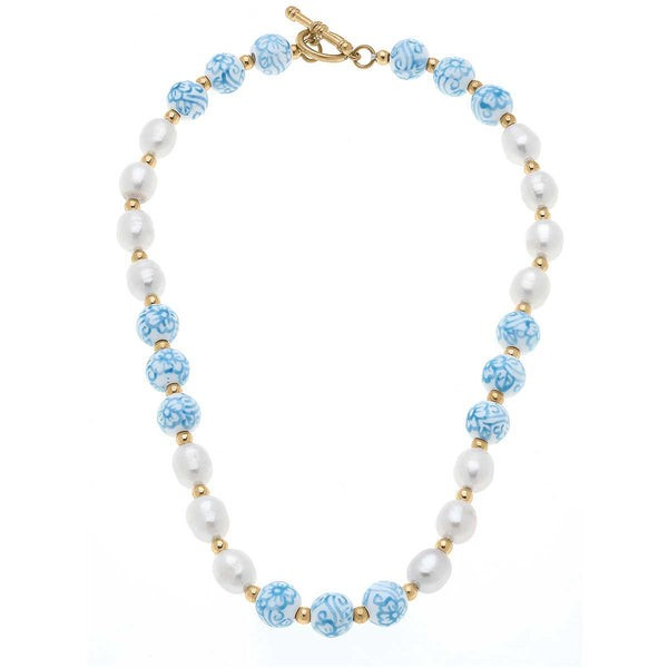 Blythe Porcelain & Pearl Beaded T-Bar Necklace in Wedgwood Blue | CANVAS