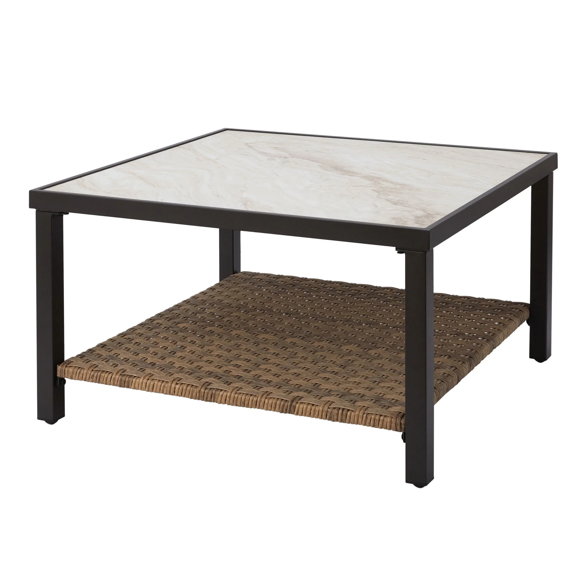 Better Homes & Gardens River Oaks Tile Top Coffee Table with All-Weather Wicker Shelf, White | Walmart (US)