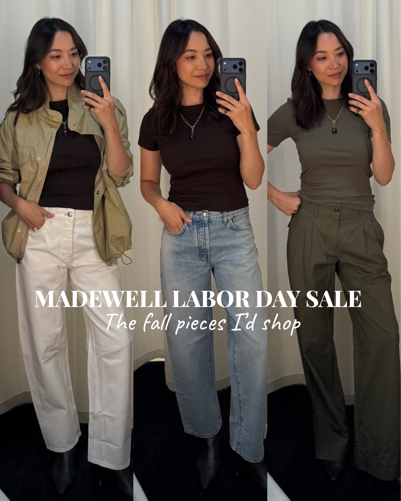 25% off select fall styles at Madewell for labor day weekend 

Left outfit: 
Field jacket — wearing medium, could’ve sized down 
Brown tee - xs 
Darted barrel jeans — not on sale, but a great alternative if you want more room in the thighs 

Middle outfit: 
Barrel jeans — size 25 standard 

Right outfit: 
Green top — xs 
Trousers 

Fall outfits / fall style / elevated style / style over 30

#LTKSaleAlert #LTKSeasonal