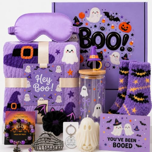 Boo Basket for Women, Purple Halloween Gifts Baskets Stuffers for Teen Girls, Build a Boo Basket Kit for College Girl Adults Girl Friend Teacher, 11 PCS Halloween Gifts Set with Purple Blanket | Amazon (US)