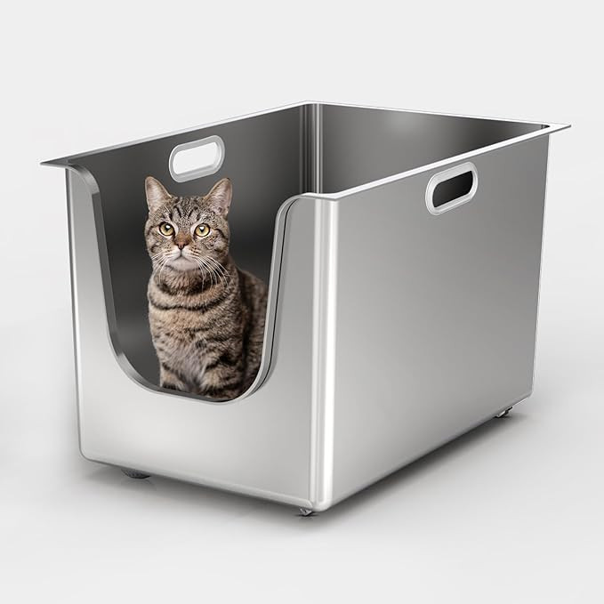 Stainless Steel Litter Box 13.7'' High Sides, XL Metal Cat Litter Box with Curved Low Entry, Cat ... | Amazon (US)