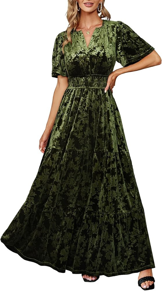 Amegoya Women's Velvet Short Sleeve V Neck Formal Wedding Guest Maxi Dresses Fall Evening Party L... | Amazon (US)