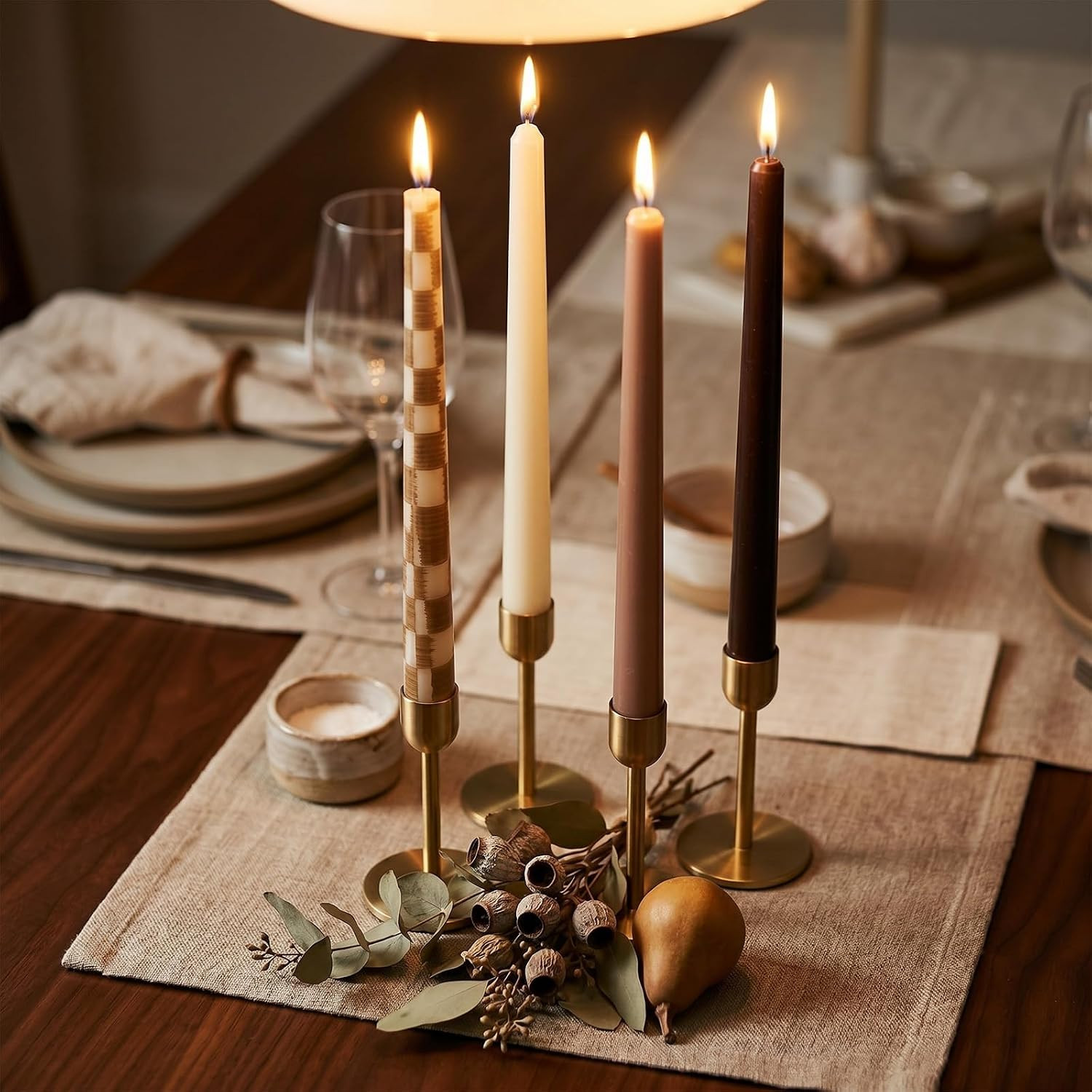 Conelist 4 Pack Taper Candles 10 Inch Brown Checkered Decorative Dinner Candles Fall Elegant Table Top Centerpiece for Home Decor Wedding Party Holiday Christmas Decoration | Amazon (US)
