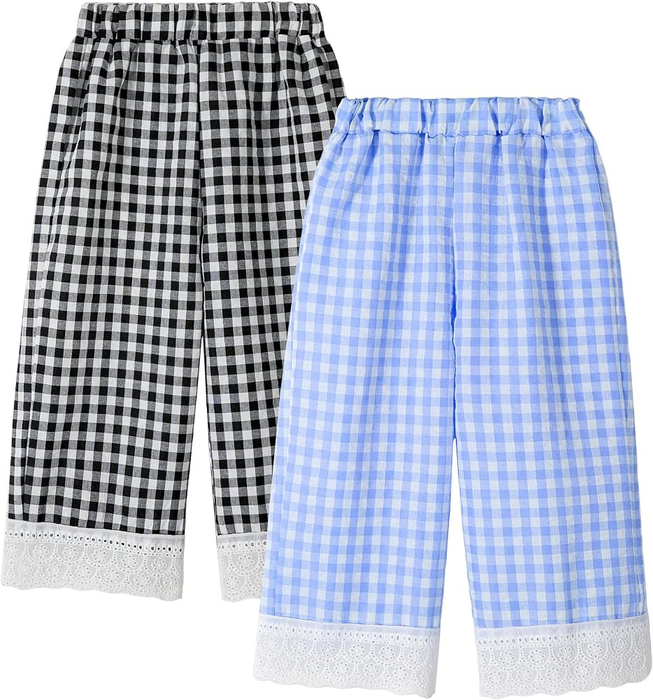 Miipat Toddler Girls Wide Leg Pants Elastic Waist 2 Pack Gingham Pants Kids Loose Checkered Plaid... | Amazon (US)
